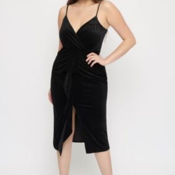 Dynamite Black Sparkly Velvet Midi Dress Faux Wrap Style Ruffle w Slit - Small - Picture 15 of 15
